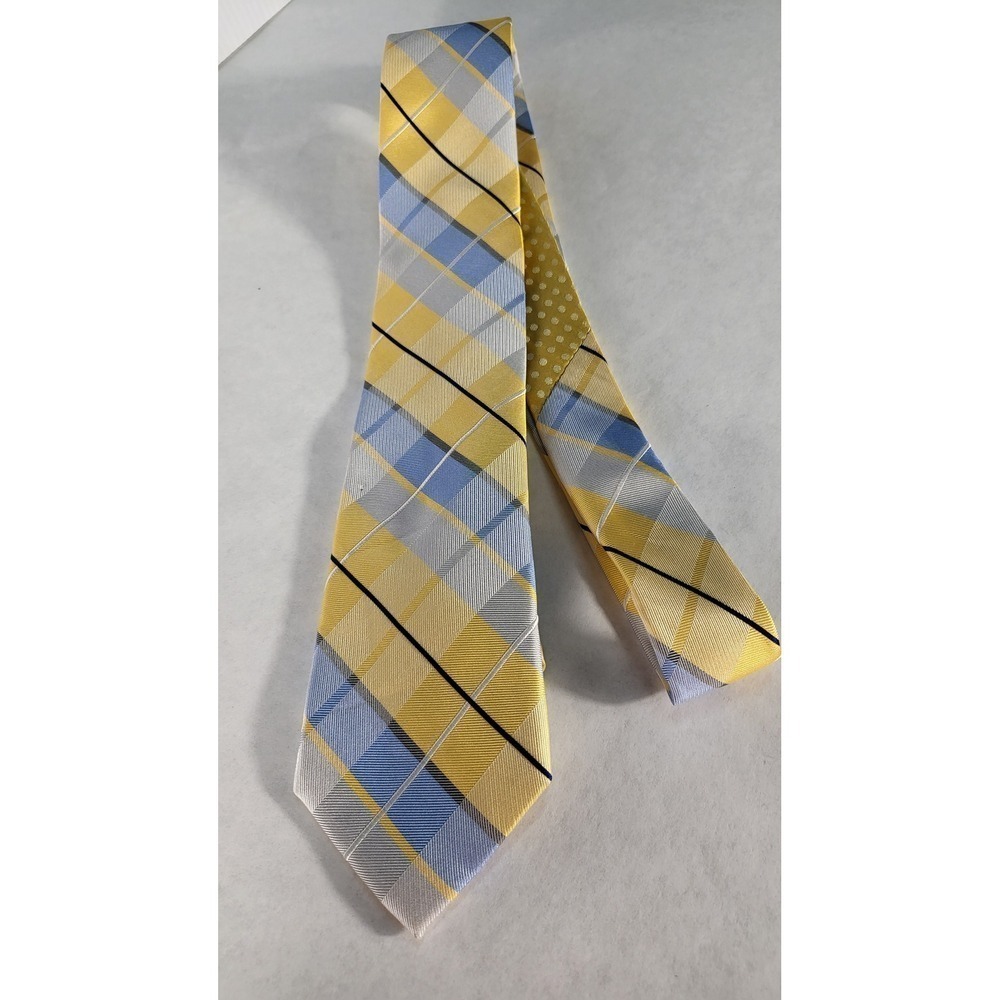 Vera Perry Portfolio Plaid Necktie Yellow Blue Patterned Business Casual